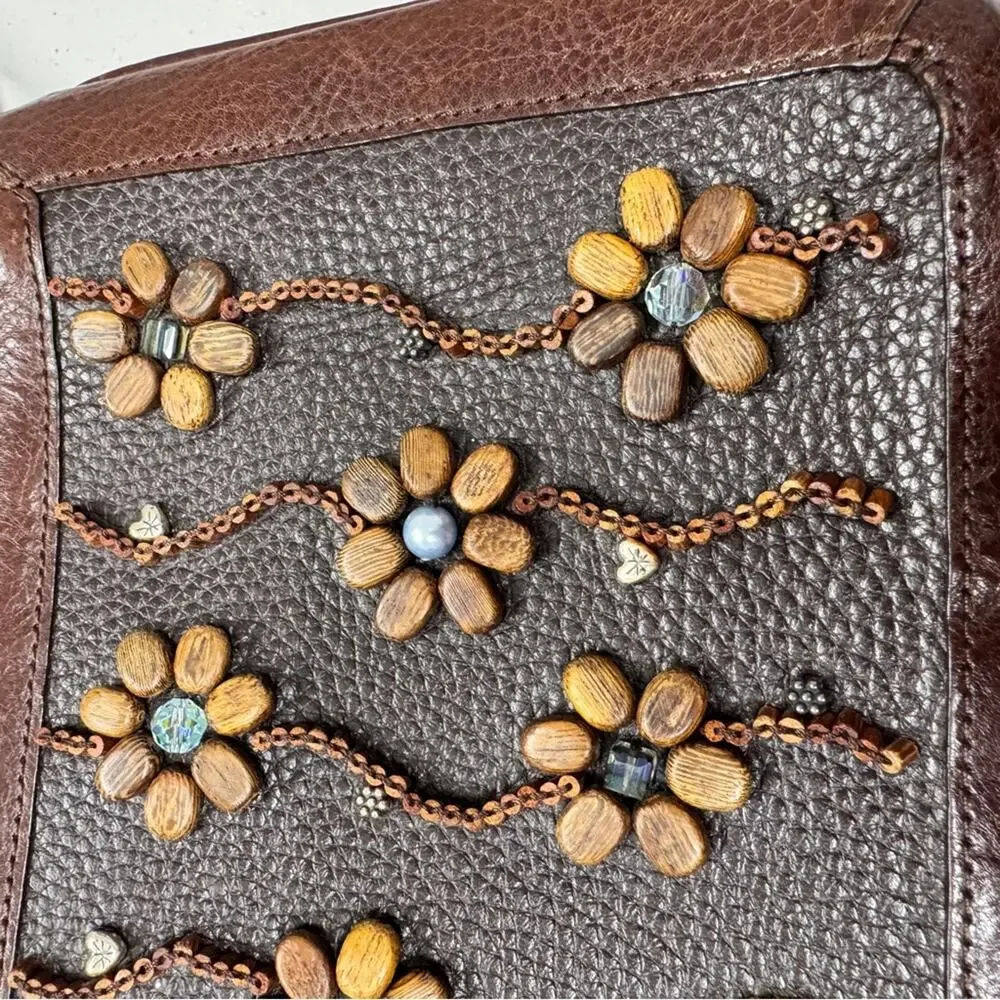 Brighton Vintage Brown Leather Wood Beaded Crossbody Handbag Purse Boho Bag